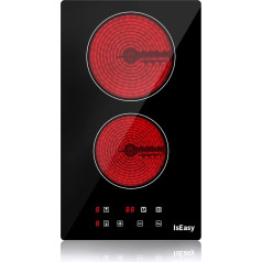 Domino Glass Ceramic Hob, IsEasy Double Glass Ceramic Hob, 3000 W, 29.5 cm, 2 Cooking Zones, Plug, 9 Heat Settings, 1-99 Min Timer, Touch Control, Automatic Shut-Off, Child Lock