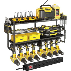 Homtura Power Tool Organizer Wall Mount 4 Layer Heavy Duty Metal Tool Rack with 8 Power Strips, Max Load 400lbs, Garage Organization with 4 Shelves, 8 Cordless Drill Holders