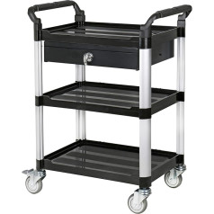 STIER Serving Trolley with 3 Levels and Drawer, L x W x H 750 x 460 x 925 mm, Load Capacity 150 kg, 4 Castors, 2 of which Lockable, Shelving Trolley, Sliding Trolley, Black