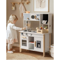 ROBOTIME Children's Wooden Play Kitchen with Bread Machine, Ice Cube Dispenser, Board and More, Includes Play Food, Girls and Boys from 3 Years