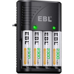 EBL Universal Charger, Fast Charge for AA & AAA & 9V Rechargeable Batteries, Smart Charger with LED Indicator + 4pcs AA 2300mAh Rechargeable Batteries