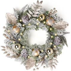 Valery Madelyn 16 Inch Christmas Wreath Door Wreath Christmas Front Door Wreath White Silver Christmas Door Wreath with Lighting 20 LED Lights and Bow for Christmas Decoration