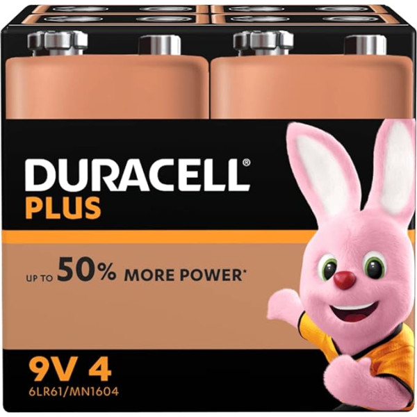 Duracell Plus 9V Block Alkaline Batteries 6LR61, Pack of 4