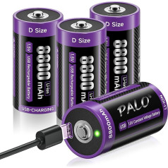 Mspalocell USB-C Lithium Batteries D 8800 mAh LR20 Battery 1.5 V Quick Charge Type-C Batteries Battery with Charging Cable, Low Self-Discharge, with Charging Light, 1500+ Cycle, Pack of 4 Battery D