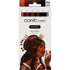 Copic Ciao Portrait Earth Charm Set 5 Brown Tones Including 1 Multiliner 0.3 mm in Black, Twin Marker with Medium Width and Brush Tip