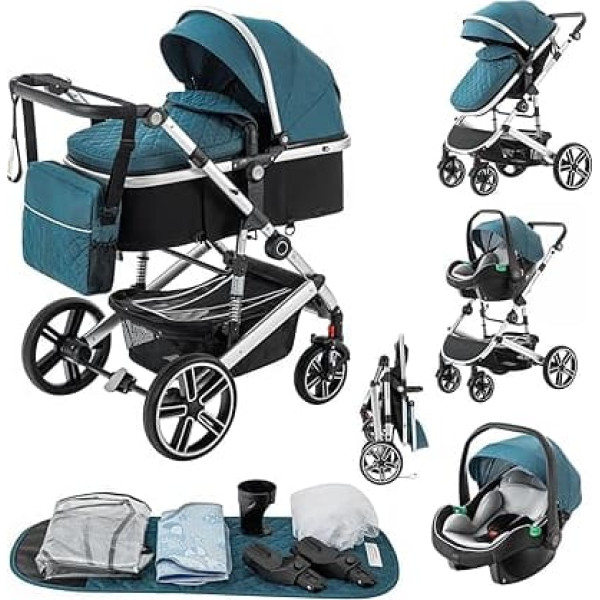3 in 1 Stroller Travel System with Car Seat Stroller and Carrycot Height Adjustable Handles Mosquito Net Rain Cover Stroller Large Capacity with Aluminium Frame Blue