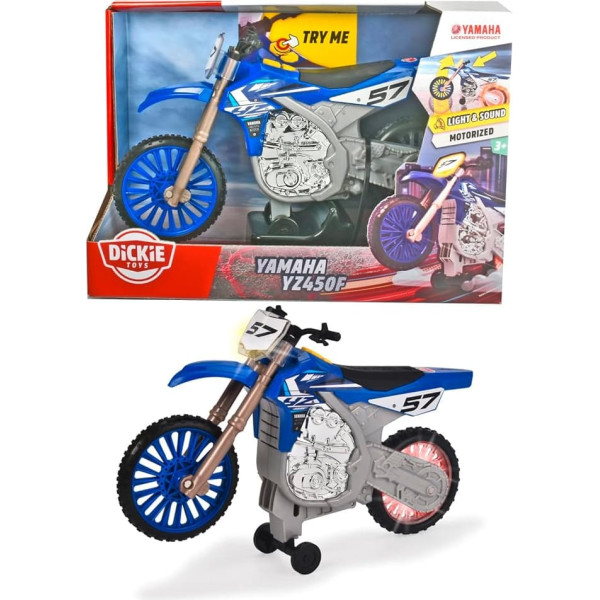 Dickie Toys Yamaha YZ Wheelie Raiders Toy Motorised Forward & Wheelie Function Motorcross Effect Light & Sound Includes Batteries 26 cm Blue
