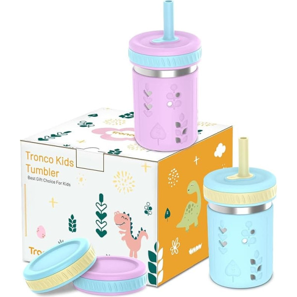 Tronco 2 Pack Stainless Steel Toddler Tumblers 10oz Smoothie Cups with Silicone Sleeves and Straws Leakproof BPA Free