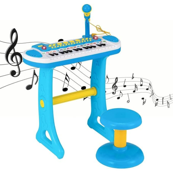 FANTASK Kids Keyboard with 31 Keys, Portable Musical Instrument with Multiple Sounds & Light Effects, Adjustable Microphone & Stool, Cute Toy Piano for Children Aged 3+ (Blue)
