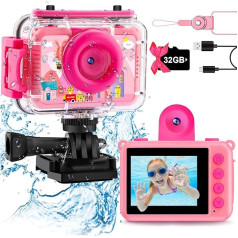 GKTZ Children's Camera Waterproof Camera for Children 12MP 1080p Kids Digital Camera Selfie Camera for Kids Gift, 2 Inch Screen, Toy for Girls and Boys 3-14 Years, 32 GB Card, Pink