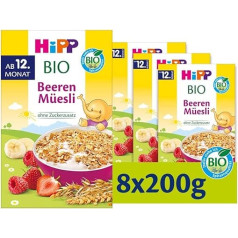 HiPP Organic Berry Muesli (8 x 200 g), from 12 Months, with Organic Whole Grain Cereals and Organic Fruits, No Added Sugar, Best Organic Quality