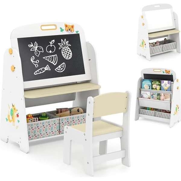 FANTASK Children's Board with Chair, Double-Sided Play Board with White Board & Bookshelf & Magnetic Chalkboard & Fabric Box, Children's Easel for Drawing, Reading & Writing (Natural)