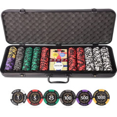 Clay Poker Chips for Texas Holdem 500 Pieces 14g Chip Set with ABS Carry Case 2 Deck of Cards 5 Dice 3 Buttons Numbered Chips