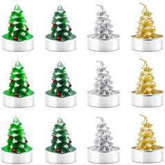 Pack of 12 Christmas Tree Tea Lights, Mini Christmas Candles, Christmas Tree Candles, Handmade Christmas Candles in 4 Colours, Decorative Candles for Christmas, Table Decoration, Home & Gift Set