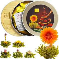 Tea Uniqo - Tea Flowers Gift Set for Christmas, 6 Tea Roses in Gift Tin with Bamboo Coaster, Green Tea with Blossoms