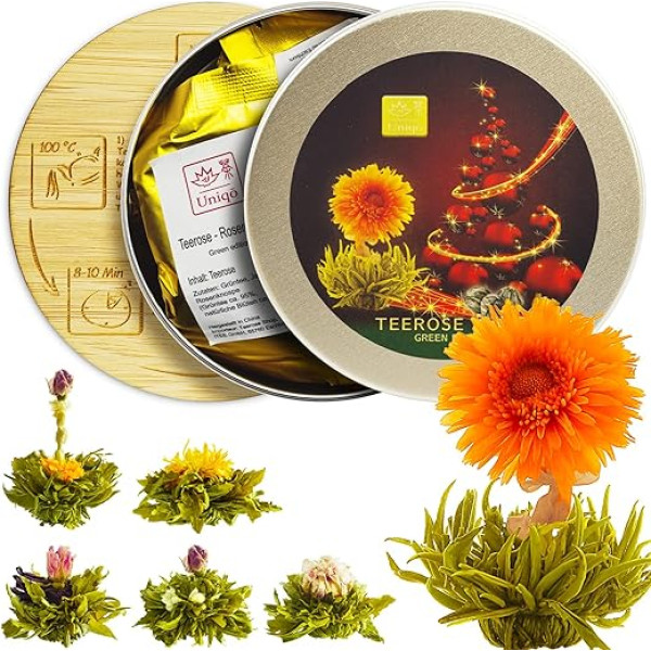 Tea Uniqo - Tea Flowers Gift Set for Christmas, 6 Tea Roses in Gift Tin with Bamboo Coaster, Green Tea with Blossoms