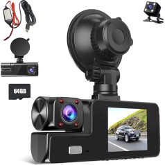 Dash Cam Car Front Rear and Indoor 1080P Full HD with 64GB SD Card, Car Camera with Parking Monitoring, Motion Detection, Infrared Night Vision, Loop Recording, WDR, Wide Angle (170°+150°+150°) (with