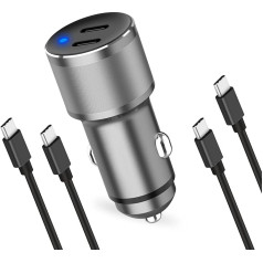 MACHSWON Dual USB C Car Charger 60W PD (30W+30W) Super Fast Charging Adapter Metal with 2 Type C to C Cables 3ft Fits iP-hone 15 Pro Max Sa-msung Galaxy S23 Ultra