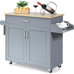 COSTWAY Kitchen trolley with towel holder and spice board, kitchen island with drawer and height-adjustable shelf, kitchen cabinet rollable, wooden serving trolley, kitchen island trolley (grey)