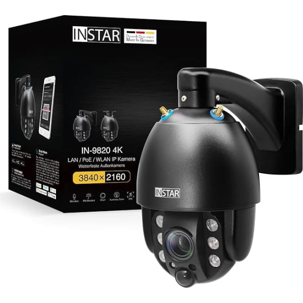 INSTAR IN-9820 4K Outdoor Surveillance Camera, LAN/WLAN/PoE, PTZ 5X Zoom, AI Detection, HomeKit Secure Video, 2-Way Audio, Night Vision, PIR, MQTT, WPA3, NDAA/TAA
