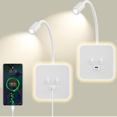Flexible Gooseneck Wall Reading Lamp with USB Charging Port and Independent Switch, LED Reading Lamp, Bed Lamp for Living Room, Bedroom, Headboard Reading (White, Pack of 2)