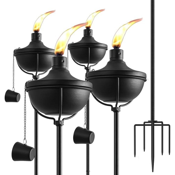 Home Garden Torches, Set of 4, Outdoor Metal Torches with 5 Prongs Ground Spike, 56 Inch Adjustable Citronella Torches, Metal Light Torches for Patio, Path, Party (Ultra Stable Design)