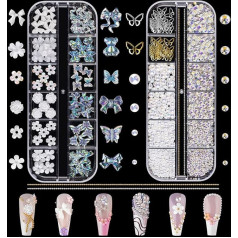 Nail Art Rhinestones and Beads, 2 Boxes Butterfly Bow Flower Nail Pendant Aurora Bear 3D Nail Art Decorations for Manicure Design DIY Craft Party Daily Wedding