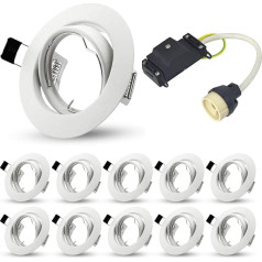 Allesgute GU10 Mounting Frame Set, White, Metal, Ceramic Socket, VDE Approved, Set of 10, Diameter 75 mm, 230 V, Ceiling Mounting