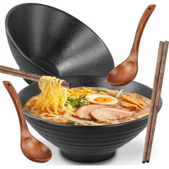 Ecofocet 2 Sets Ceramic Ramen Bowl with Chopsticks and Spoons, 2 x 1000 ml Ramen Bowl Ceramic Set, Soup Bowls, Mixing Bowls, Soup Bowl for Pasta, Cereals, Salads, Black