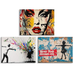 Piy Painting 3 Pieces Canvas Pictures, Wall Pictures, Living Room, Modern Abstract Figures, Artwork, Graffiti Style Painting Picture with Frame, Art Prints, Canvas Pictures, Bedroom, Bathroom, Kitchen