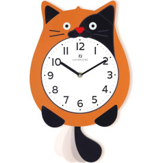 Lafocuse Orange Cat Wall Clock Wood with Swinging Pendulum, Modern Children's Wall Clock, Battery Operated, Pendulum Clock Decoration for Children's Room, Bedroom, Living Room