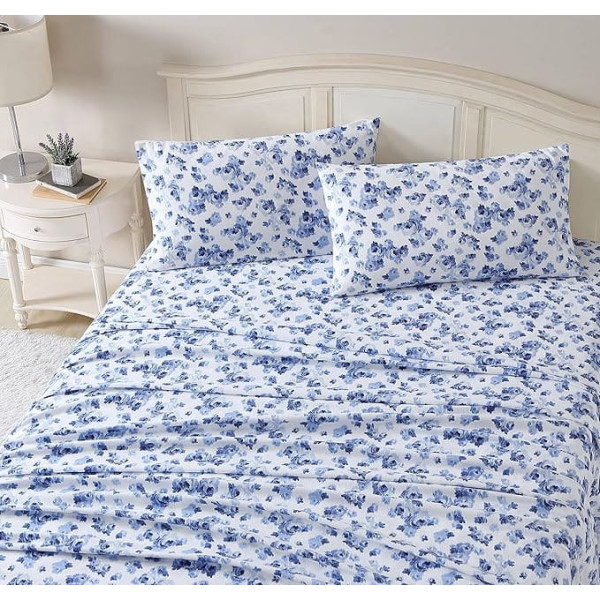 Laura Ashley Home - Flat Sheet, Cotton Flannel Bedding Set, Brushed for Extra Softness and Comfort (Emelisa, Full), Blue/White