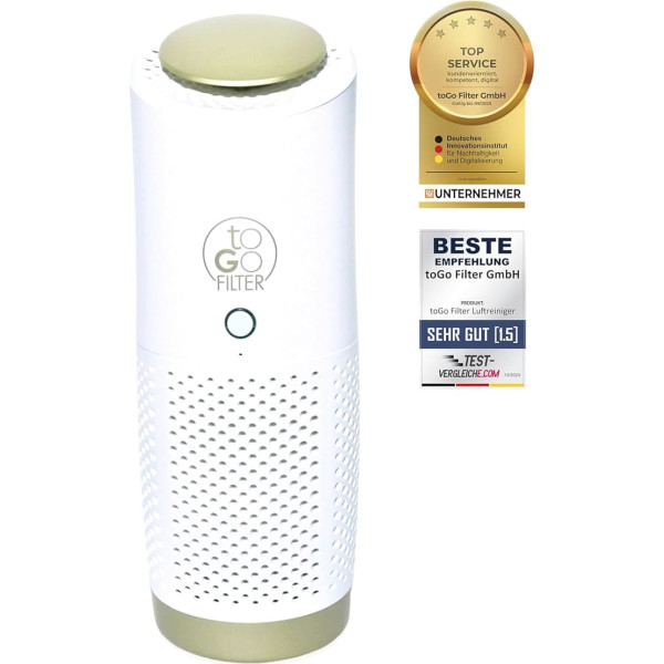 toGo Filter Mini Air Purifier with Battery - Portable & Small - HEPA 13 & Activated Carbon - Smart Sensor - for Car, Plane, Travel, Office, Allergy Sufferers Against Pollen - USB Rechargeable 15㎡ Room