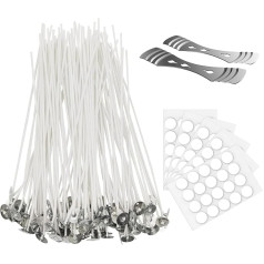 100 Pieces Cotton Candle Wicks 8 Inch Wicks Coated with Paraffin Wax, 100 Pieces Candle Wick Stickers and 2 Metal Candle Holders for Candle Making, Suitable for