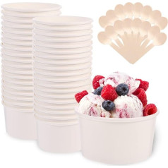 50 Pieces White Paper Ice Cream Sundae Cups Biodegradable Round Paper Soup Containers with 50 Wooden Spoons, Cardboard Takeaway Paper Dessert Bowl for Ice Cream Soup Deli Frozen Yogurt Cake