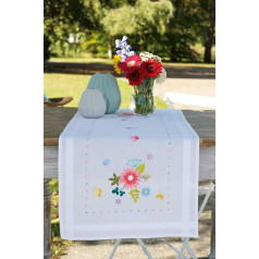 Vervaco Cross Stitch Kit Pre-Printed Table Runner Spring Flowers Embroidery Blankets Pre-Drawn DIY Crafts Adults Creative Embroidery Runner for DIY Embroidery 40 x 100 cm Embroidery Set