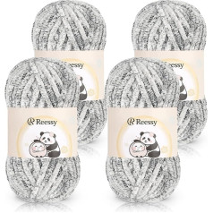 Reessy Chenille Yarn 4×100g Super Soft Thick Wool Set Chunky Yarn for Crochet Easy to Use for Beginners Crcochet Blanket Handbag DIY Amigurumi (White Grey)