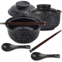 DEARBAG 2 x Ramen Bowl Set, 800 ml, Ceramic Ramen Bowl with Lid, Spoon and Chopsticks, Japanese Soup Bowl, Asian Tableware, Diameter 16 cm, Ramen Bowl for Ramen, Salad, Cereal (C)