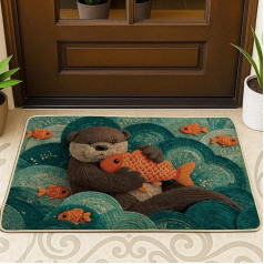 Fußmatte mit niedlichem Ottermotiv, blaugrün, Ozean, Eingangsmatte für den Innen- und Außenbereich, verspielte Tierdekoration, weiche, rutschfeste, waschbare Bodenmatte, pflegeleicht, 73,2 x 43,2 cm