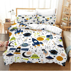 Space Bed Linen, Universe Planet Rocket Bedding Set Boys Girls Children White Blue Rocket Stars Planets Pattern with Pillowcase 50 x 75 cm (A, 100 x 135 cm)
