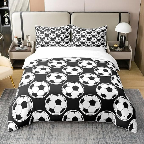 Football Themed Duvet Cover 100% Cotton Kids Boys Gaming Player Bedding Set Games World Cup Black White Ball Bedspread with 2 Pillow Cases