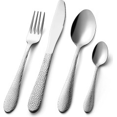 Cutlery Sets, 16 Piece Premium Stainless Steel Cutlery Set with Hammered Pattern Design, Dinnerware Set with Spoon, Knife and Fork, Service for 4, Dishwasher Safe/Easy to Clean (Silver)