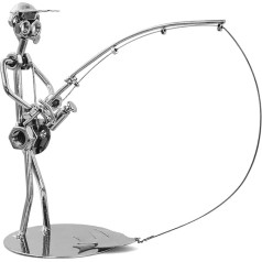 Vintage Iron Art Fisherman Ornament Fishing Nuts and Bolts Sculpture Metal Figure Handmade Simple Modern Home Office Desk Decor Ornaments Gift for Fishing Enthusiasts