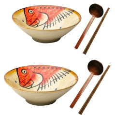 Japanese Ceramic Ramen Bowl, Noodle Bowls for Soup, Pho Udon, Soba, Salad, Snacks, Cereal Bowls with Spoons, Chopsticks, 900ml Gift Set (Red Fish)