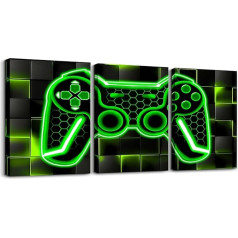 Loussiesd Gamer Set of 3 Poster Set for Living Room, Green and Black Canvas Pictures, Gaming, Ombre, Office Wall Pictures, Geometric Square Decorative Pictures