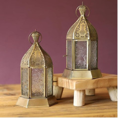Set of 2 Iron and Textured Glass Moroccan Antique Brass Style Tea Lights Lantern Gift