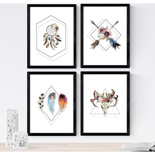 Nacnic Set of 4 Posters with Geometric Shapes and Bohemian Feathers. Modern Home Decoration. A3 Unframed.