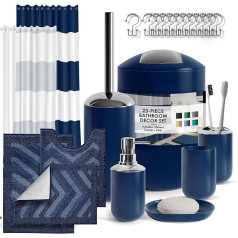 Clara Clark Bathroom Accessories Set - 23 Piece Shower Curtain Set with Bathroom Trash Can, Navy Blue Bathroom Set, Bathroom Sets with Shower Curtain and Navy Rugs