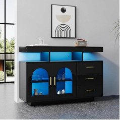 Merax Buffet Cabinet, Sideboard with LED Lights, Chest of Drawers Cabinet with 2 Doors and 3 Drawers, Modern Side Cabinet, Multi-Purpose Cabinet for Living Room, Dining Room, Hallway, High-Gloss Black, 120 x 40 x 80 cm