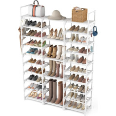 Shoe Rack, 10 Levels Shoe Storage, DIY Metal Shoe Racks, 54-62 Pairs of Shoes Storage, Space Saving, Standing Shelf, Shoe Cabinet with Hooks, White for Entrance, Dressing Room and Hallway